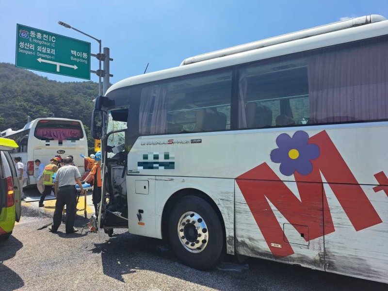 16일 오후 1시26분쯤 강원 홍천군 화촌면 성산리 44번국도 동홍천IC 입구 서울방향에서 학생들을 태운 수학여행 버스 3대와 트럭 3대, 승용차 1대 등 차량 7대가 잇따라 부딪히는 사고가 발생했다. 이 사고로 학생 등 82명이 다쳐 인근 병원으로 이송됐다.(강원도소방본부 제공) 2023.6.16./뉴스1 ⓒ News1 이종재 기자