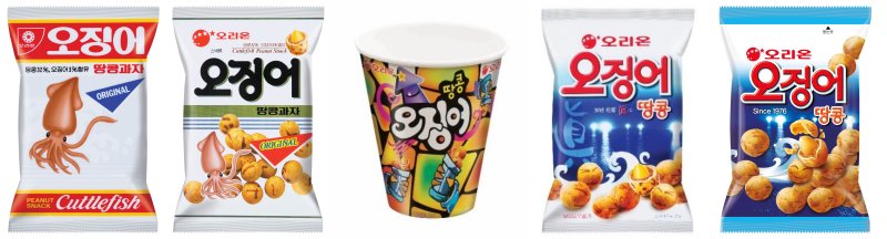 [서울=뉴시스] 오징어 땅콩 디자인 변천사. 사진은 왼쪽부터 1987년, 1994년, 2002년, 2006년, 현재 제품. (사진=오리온 제공)