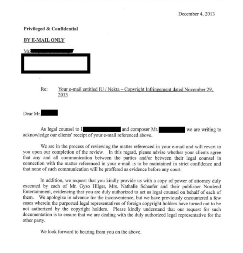 [서울=뉴시스] 2013년 당시 아이유 소속사 로엔엔터테인먼트가 넥타 측에 보냈다고 하는 이메일. 2023.06.21. (사진 = 이담엔터테인먼트 제공) photo@newsis.com *재판매 및 DB 금지