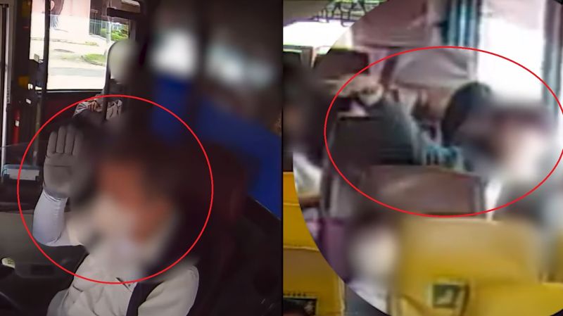 버스 기사가 경찰관을 향해 손짓하는 모습(왼쪽)과 승객이 용의자가 있는 좌석을 가리키는 모습 / 경찰청 유튜브 채널 갈무리