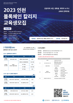 2023 인천 블록체인 칼리지 기초과정 교육생 모집 포스터.