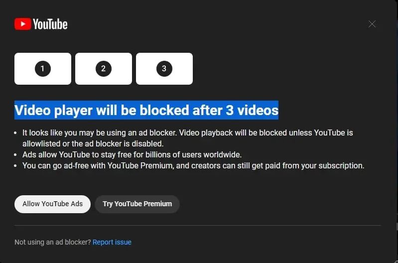 유튜브에서 광고 차단 앱을 활용해 영상 3개 이상 시청시 차단될 수 있다는 점을 공지하고 있다. 레딧 캡처