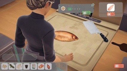 생선 요리를 만들기 위해 직접 손질하는 모습 (게임 화면 갈무리)