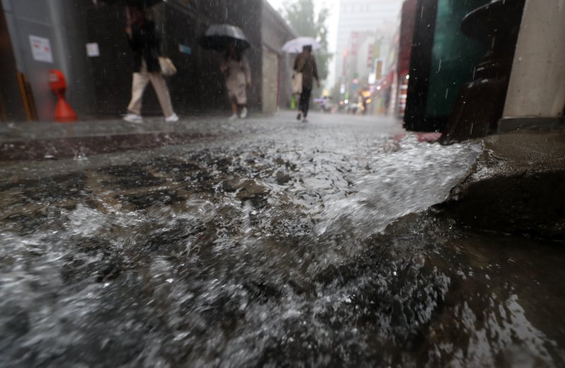 [서울=뉴시스] 김명년 기자 = 장마가 이어진 13일 오후 서울 중구 을지로1가 사거리 인근에서 우산을 쓴 시민들이 발걸음을 재촉하고 있다. 2023.07.13. kmn@newsis.com