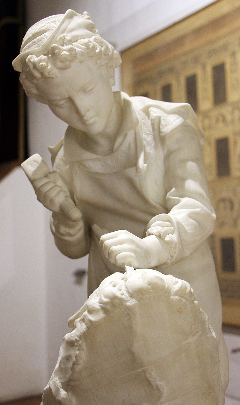 11살의 미켈란젤로가 조각하는 모습을 표현한 작품. 사진=위키피디아