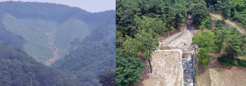 왼쪽 산사태 모습과 오른쪽 사방댐에 가득 찬 토사 [산림청 제공. 재판매 및 DB 금지]