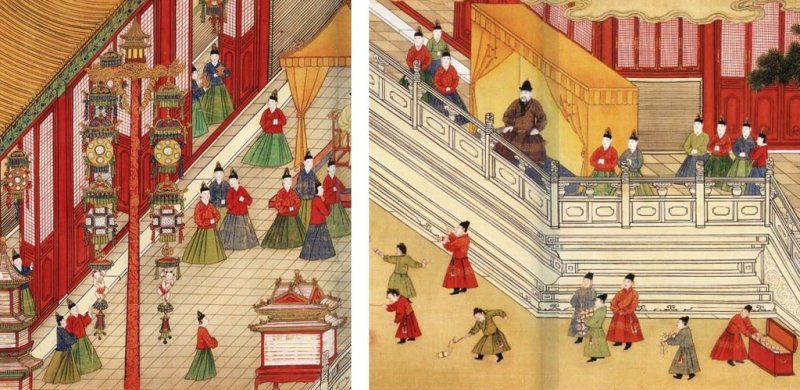 15세기 중국 작품인 '명헌종원소행락도'에 표현된 복장을 보면 조선에서 유래한 속치마의 일종인 '마미군'을 입어 치마가 마치 우산처럼 펼쳐져 있는 모습을 확인할 수 있다. 동북아역사재단 제공