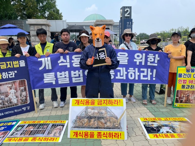 중복인 21일 서울 여의도 국회 앞에서 한국동물보호연합, 동물보호단체 행강, 1500만반려인연대 등 시민단체가 개 식용 금지법 통과를 촉구하는 집회를 열었다. /사진=뉴스1