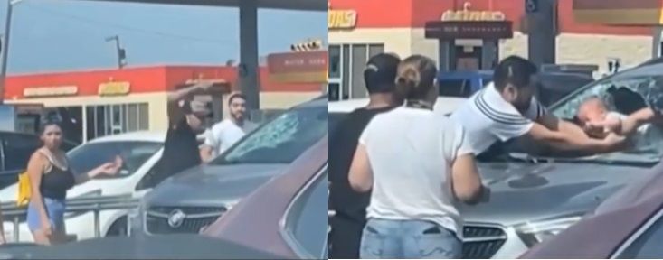 텍사스 남부 할링겐의 한 아울렛 주차장에서 한 남성이 차량에 갇힌 아이를 구하기 위해 유리창을 깨는 모습. 사진=폭스뉴스 캡처