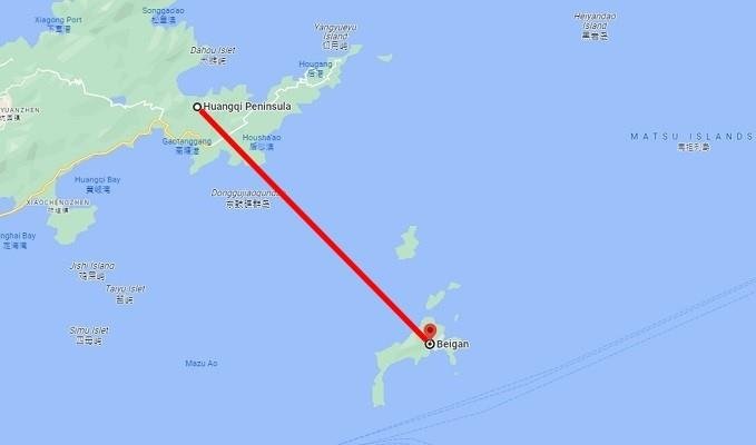 중국 푸젠성 황치반도에서 대만 외곽섬 베이간다오까지 거리를 표시하는 구글 지도/사진=구글지도 캡처,연합뉴스