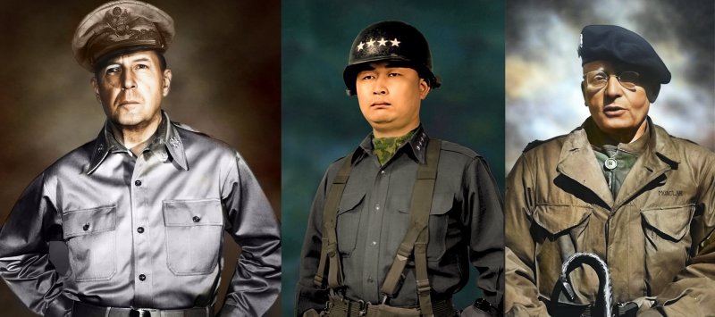 국가보훈부가 인공지능(AI) 기술을 활용해 복원한 한국전쟁(6·25전쟁) 영웅들 사진. 왼쪽부터 더글러스 맥아더 장군, 백선엽 장군, 랄프 몽클라르 중령. 사진=국가보훈부 제공