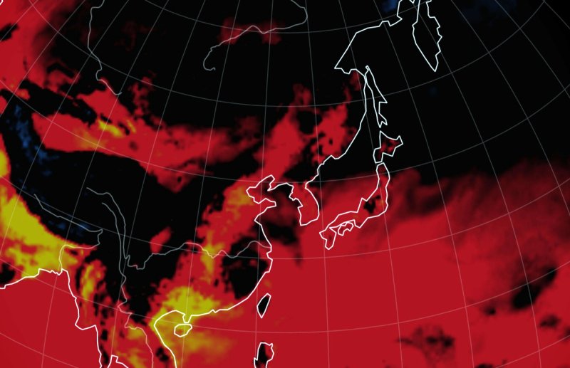 장마 직후 찾아온 찜통더위와 열대야가 다음 주에도 이어지겠다. 사진은 세계 기상 정보 비주얼 맵인 어스널스쿨로 확인한 이날 오후 4시 한반도 주변 기온과 불쾌지수가 붉게 표시되고 있다. (어스널스쿨 캡처)2023.7.28/뉴스1