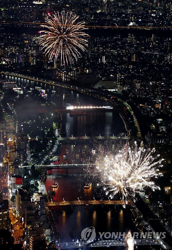 도쿄 스미다강 물들인 화려한 불꽃 도쿄 스미다강 물들인 화려한 불꽃 (도쿄 교도=연합뉴스) 일본 도쿄 도심을 남북으로 가로지르는 스미다강에서 지난 29일 화려한 불꽃이 밤하늘을 수놓고 있다. 코로나19로 중단됐다가 4년 만에 다시 열린 스미다강 불꽃놀이에는 100만 명 넘는 사람이 몰렸다. 2023.7.30 photo@yna.co.kr (끝)