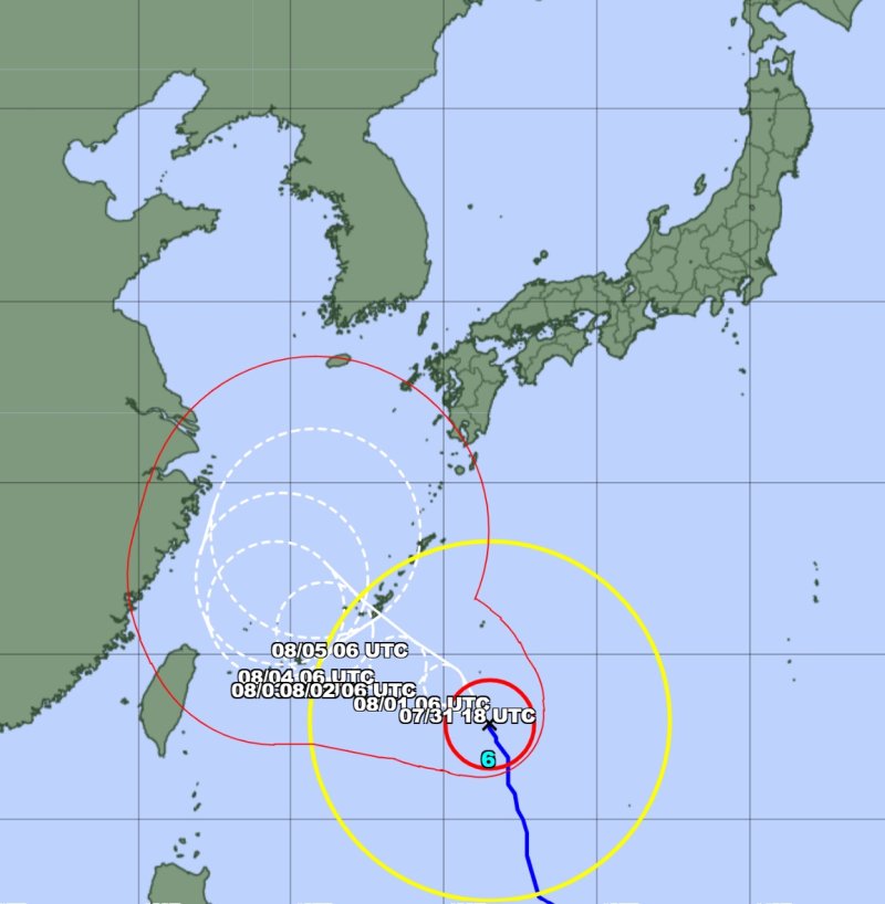 31일 오후 일본기상청(JMA)의 태풍 카눈 예상 이동 경로. 변동성에 제주도가 포함돼 있다. ⓒ 뉴스1 황덕현 기자