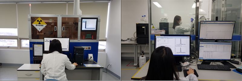 인천시는 수산물의 방사능 오염 등을 검사하기 위한 수산물 현장검사소를 3일 연안부두에 설치했다. 수산물 현장검사소에서 방사능 분석(왼쪽)과 동물용의약품 분석(오른쪽)을 실시하는 모습. 인천시 제공.