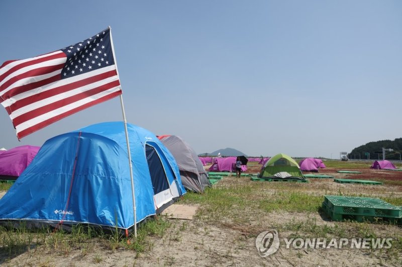 2023 새만금 세계스카우트 잼버리에서 미국 대원들이 조기 퇴영한 6일 미국의 야영장이 텅 비어 있다. 연합뉴스