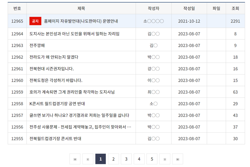 7일 전북도 홈페이지에 올라온 항의 글. 전북도홈페이지 캡처