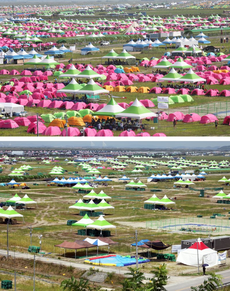 텐트가 가득했던 새만금 세계스카우트 잼버리장(위)이 지난 8일 비상대피로 텅 빈 모습(아래). 연합뉴스
