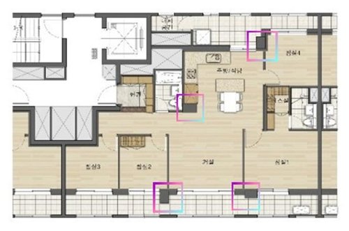 [서미숙의 집수다] ② "층간소음에 강하다?"…무량판에 대한 오해와 진실 무량판 복합구조가 적용된 서울의 한 아파트 37평형 도면. 네모친 부분의 검은 구조체가 기둥이다. [편집 서미숙 기자. 재판매 및 DB 금지]