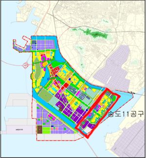 인천경제자유구역청은 송도 11공구에 대해 공원·녹지 기본계획 및 실시설계 용역을 추진한다. 사진은 송도 11공구 위치도.