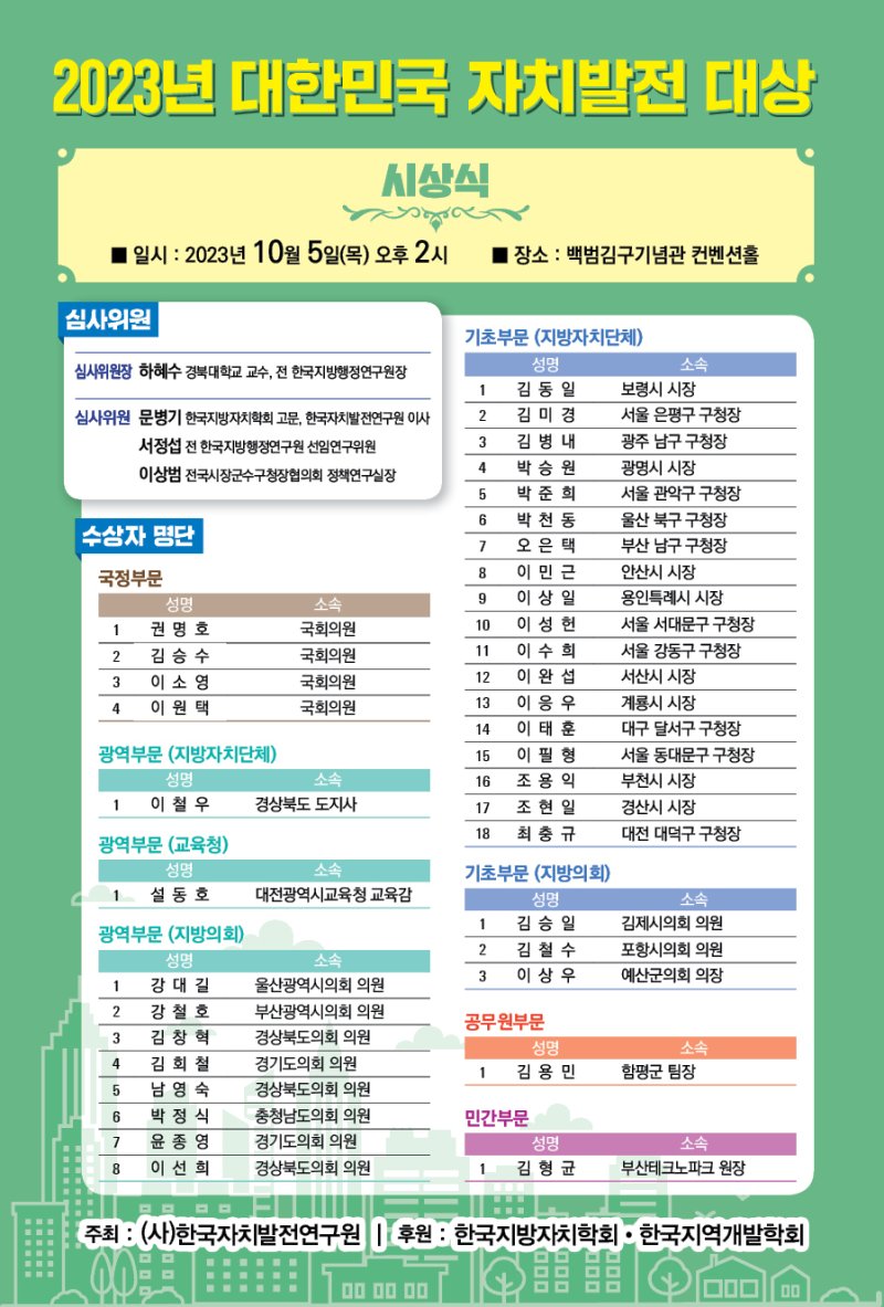 ㈔한국자치발전연구원은 '2023 대한민국 자치발전 대상' 수상자 37명을 선정했다. (한국자치발전연구원 제공) /뉴스1