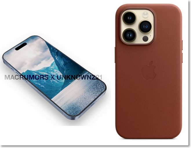 아이폰 15 프로 렌더링 이미지(왼쪽)와 아이폰14프로 가죽케이스 /사진=맥루머스-언노운즈21, 애플 홈페이지