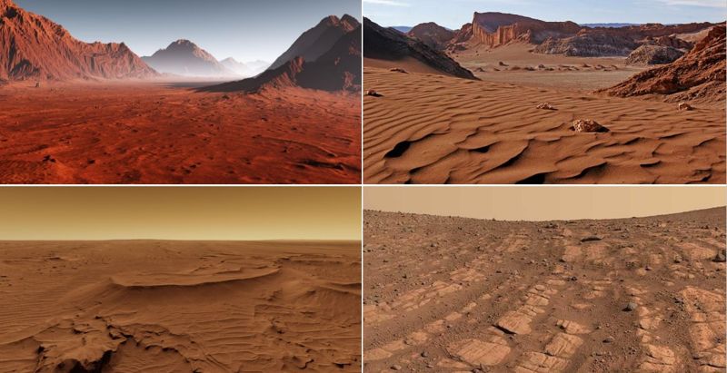 지질자원연구원 이승렬 박사는 남아메리카 칠레와 아르헨티나에 걸쳐 있는 아타카마 사막(오른쪽 위) 사진과 3개의 화성사진을 보여주면서 화성과 비슷한 지역에서 지질학적 테라포밍 기술을 시험할 수 있다고 설명했다. 이승렬 박사 제공