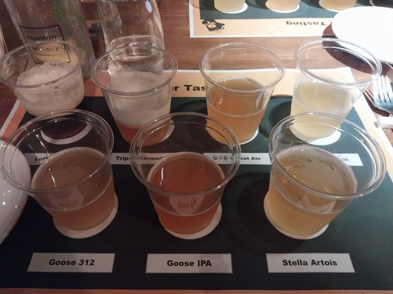 비어마스터 클래스에서 시음을 진행한 7종의 맥주. △레페 브룬 △트리펠 까르멜리엇 △밀구름 △호가든 △구스 312 △구스 IPA △스텔라 아르투아.