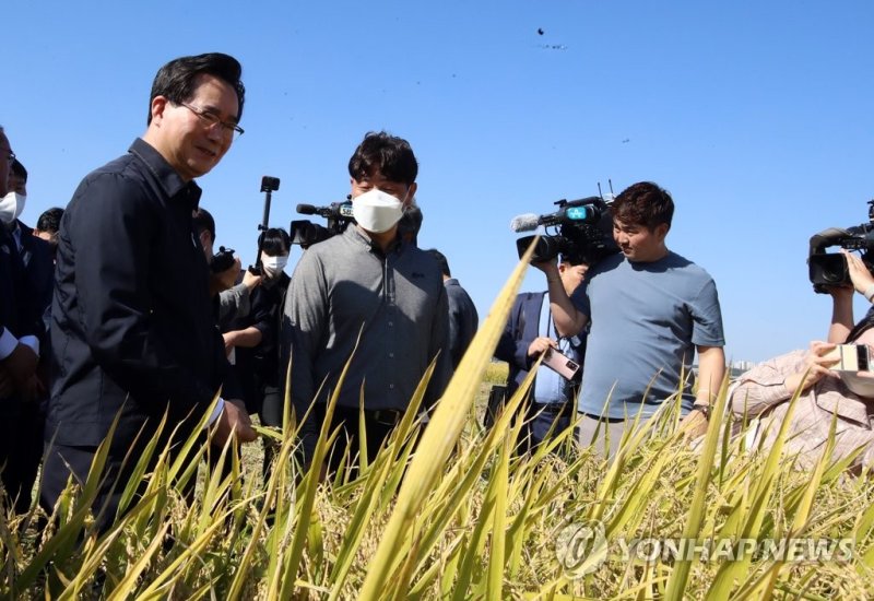 지난해 10월 전북 익산의 한 가루쌀 가공업체를 찾아 재배 상황에 대한 이야기를 듣고 있는 정황근 농림축산식품부 장관. 연합뉴스