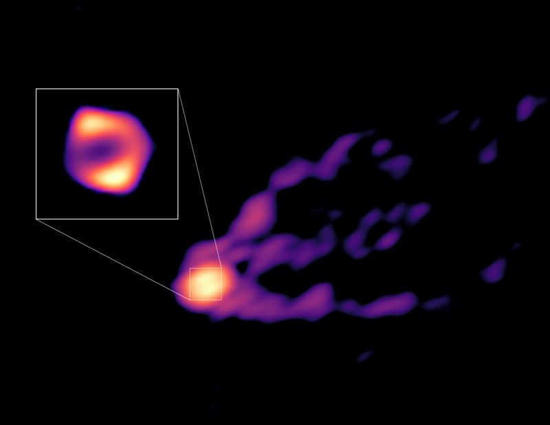 M87 블랙홀의 부착원반 구조(좌측 확대 이미지)와 함께 블랙홀로부터 분출되는 제트를 확인할 수 있다. 천문연구원 제공