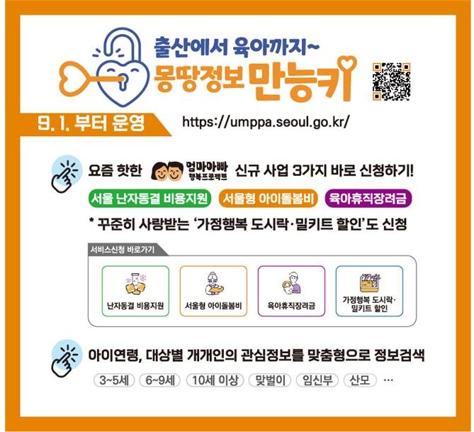 서울시는 '엄마아빠 행복프로젝트'의 일환으로 출산에서 육아까지 서울시는 물론 중앙정부의 흩어진정보를 한곳에서 제공하는 '몽땅정보 만능키'를 9월 1일 오전 10시에 오픈한다. 서울시 제공