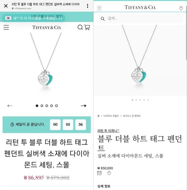 티파니앤코 사칭 사이트 제품(왼쪽)과 공식 사이트 제품 이미지.