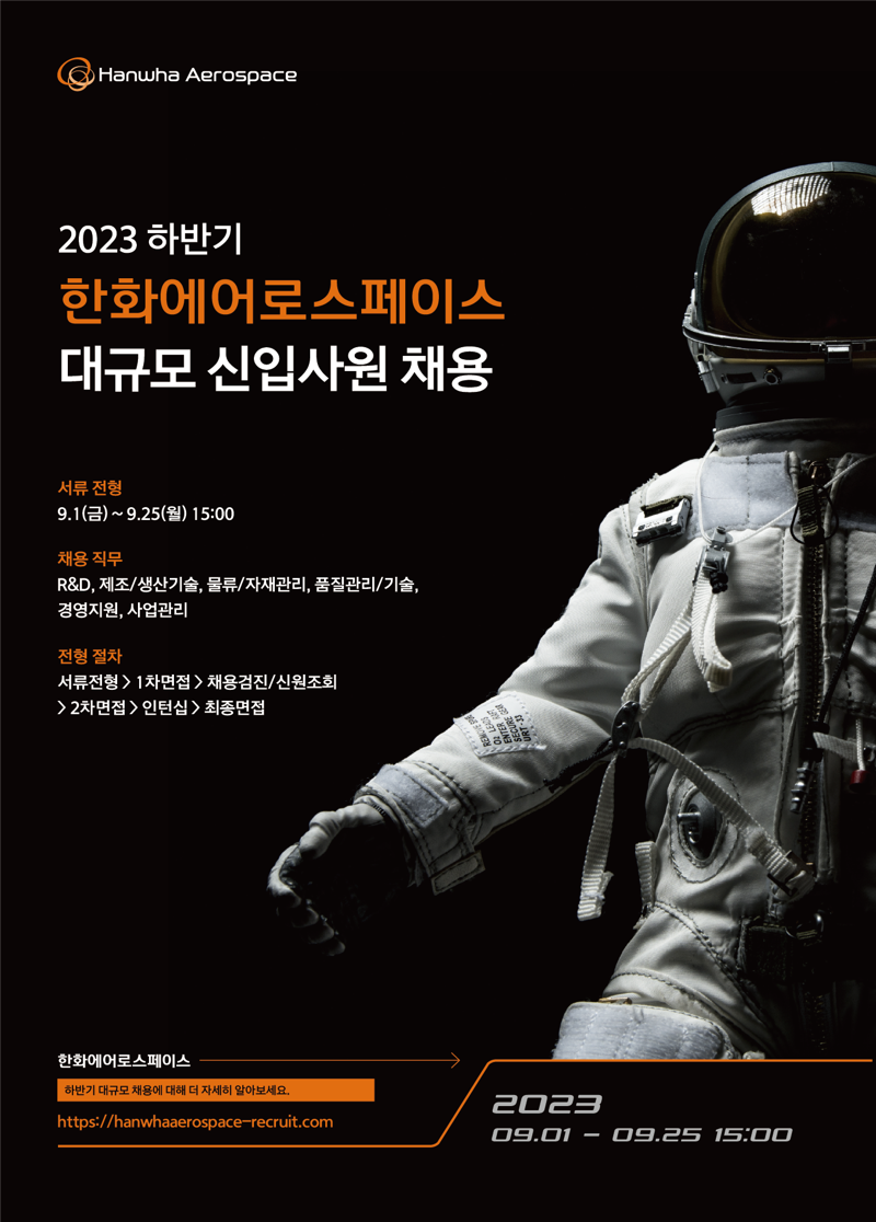 한화에어로스페이스가 2023년 하반기 대규모 신입사원 채용을 시작