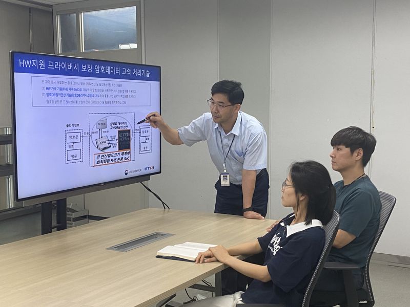 한국전자통신연구원(ETRI) 연구진이 동형암호 연산 가속 칩 기술에 관해 의견을 나누고 있다. ETRI 제공