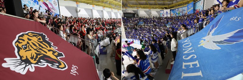 정기 고연전(짝수 해는 연고전)이 열린 지난 8일 오후 서울 양천구 목동아이스링크에서 연세대학교와 고려대학교 학생들이 아이스하키 경기 응원을 하고 있다. 연합뉴스