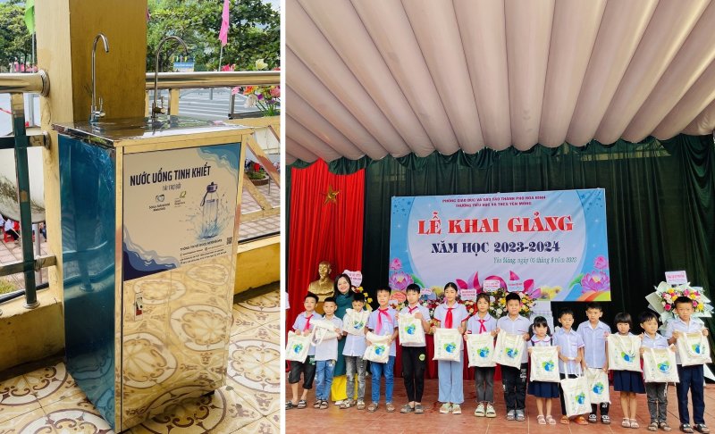 솔루스첨단소재와 굿네이버스가 지난 11일 베트남 옌몽 학교에서 열린 식수대 이양식에서 학생들에게 위생키트를 선물하고 기념촬영을 하고 있다. 솔루스첨단소재 제공