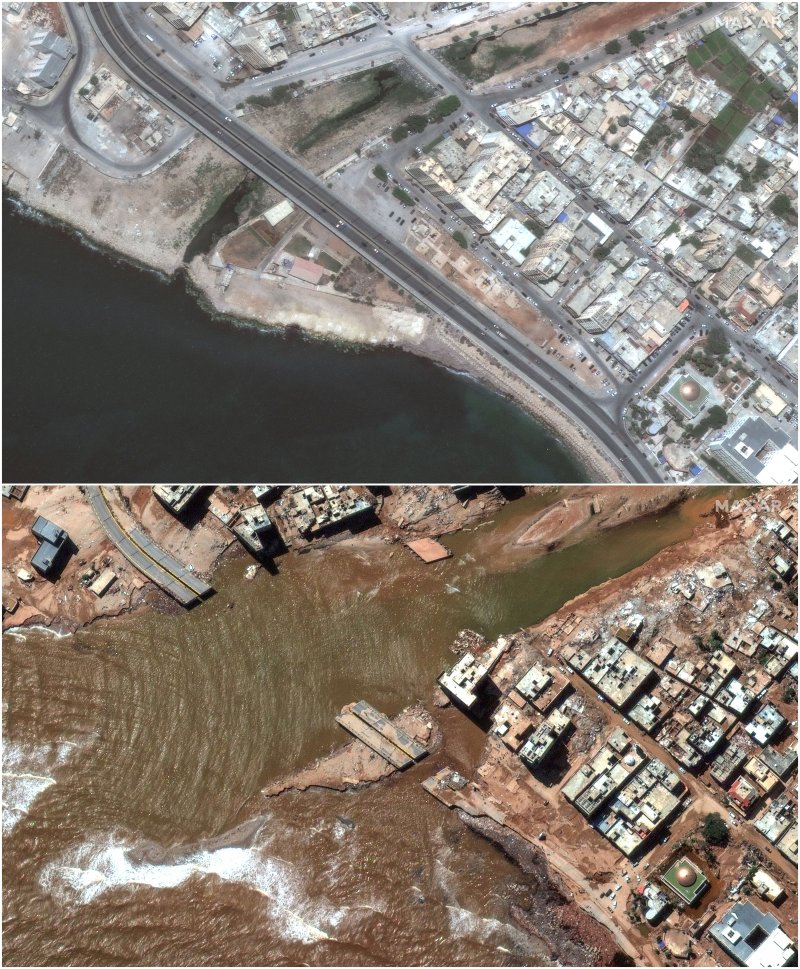 허리케인 피해를 입기 전인 지난 7월 1일 촬영된 리비아 동부 도시 데르나(위쪽 사진)와 이달 13일 촬영된 데르나.로이터연합뉴스
