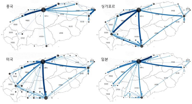 2023년 제주도 방문 외국인 관광객의 국적별 소비에 따른 이동 네트워크. 자료=하나카드 제공