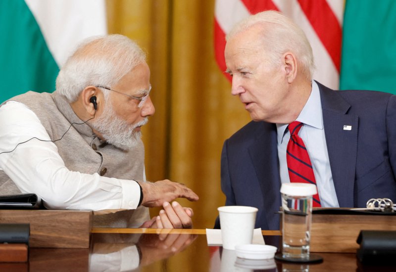 6월 23일 미국 워싱턴 백악관에서 조 바이든 미국 대통령과 나렌드라 모디 인도 총리가 이야기를 나누고 있다. 2023.06.23/ ⓒ 로이터=뉴스1 ⓒ News1 홍유진 기자