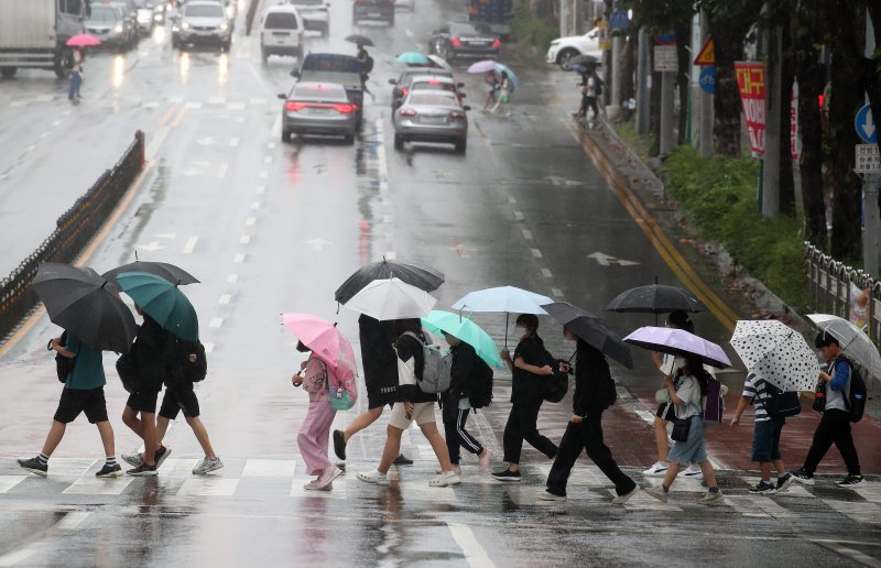 가을비가 내리는 21일 오후 대구 북구 한 초등학교 앞에서 하굣길 우산을 쓴 학생들이 횡단보도를 건너고 있다. 2023.9.21/뉴스1 ⓒ News1 공정식 기자
