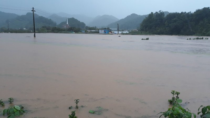 전북 전주와 완주 사이에 있는 공덕세천이 범람한 모습. 전주시 제공