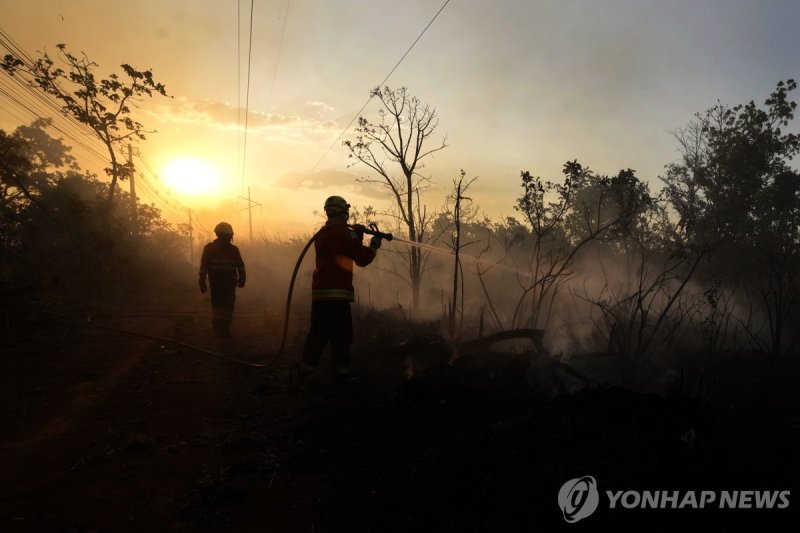 "악마도 부채 부칠 판"…절절 끓는 남반구 '40도 봄날' A firefighter combats a fire in the Aguas Emendadas Ecological Station, northeast of Brasilia, Brazil, Saturday, Sept. 23, 2023. According to the National Center for Prevention and Combat of Forest Fires, the fires are being fanned by strong winds, high temperatures 