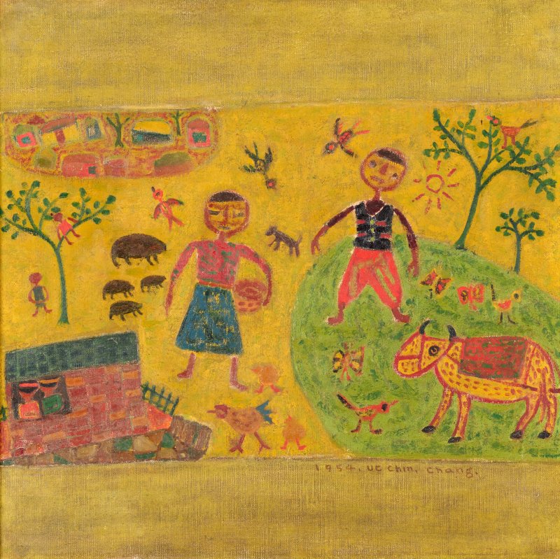 [서울=뉴시스] 박진희 기자 = '마을'(1954) 작품. 장욱진의 일화 관련하여 제자 조영동(趙榮東, 1933-2022)의 이야기는 흥미롭다. 1955년 가을, 조영동이 장욱진의 기침을 걱정하여 시골집에서 약병아리 한 마리와 건삼을 얻어와 장욱진에게 준 일이 있었다. 다음 해 봄에 그가 인사차 들렀더니 장욱진이 그 병아리를 약으로 쓰기는커녕 집까지 만들어 주고 잘 키워 그 닭이 낳은 첫 알을 그에게 건넸다고 한다. 1954년의 작품인 '마을'에서 부부와 아이, 새끼들과 함께인 돼지와 닭, 그리고 소, 까치, 개 등이 모두 따사로운