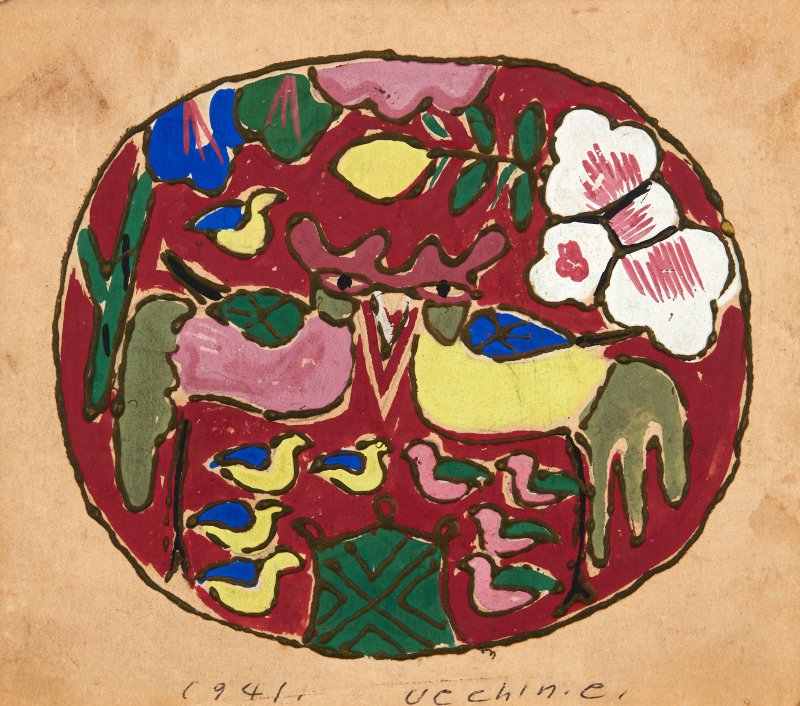 [서울=뉴시스] 박진희 기자 = '구추봉도'(혼인앨범 표지, 1941) 작품. 장욱진은 일본 도쿄의 제국미술학교 재학 중이던 1941년 4월에 3살 연하인 이순경(1920-2022)과 결혼한다. 결혼앨범 표지에 궁중용 자수 베갯모에 자주 등장하는 무늬 그림인 구추봉도(九雛鳳圖)를 포스터 물감으로 그렸다. 일반적인 민수용民需用에서 등장하는 여섯 마리보다많은 아홉 마리의 새끼 봉황을 그렸는데, 사각형의 궁중용과 다르게 모서리를 둥글게 구성했다. 화면 하단에도 바위 대신 거북이를 그려 넣어 화목과 다산의 상징에 장생長生의 길상성을 강화했