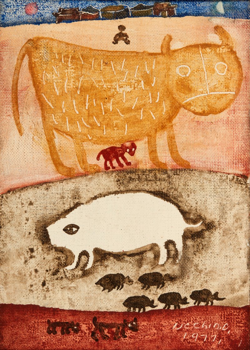 [서울=뉴시스] 박진희 기자 = '소와 돼지'(1977). 장욱진의 그림에는 일찍부터 한 울타리 안에 사람과 소, 돼지, 닭 등이 정겹게 등장하는 것을 볼 수 있다. 눈동자를 강조한 통통한 애호박 같은 독특한 돼지의 형상과 어눌한 표정의 네모난 엉덩이를 가진 소가 반복적으로 표현된다. 장욱진은 제자가 건강을 염려하며 건넨 약병아리를 닭으로 잘 키워 제자에게 닭이 낳은 달걀을 되돌려 줄 만큼 동물을 좋아하며 한 가족으로 대했다. (사진=국립현대미술관 제공) 2023.09.29. photo@newsis.com *재판매 및 DB 금지