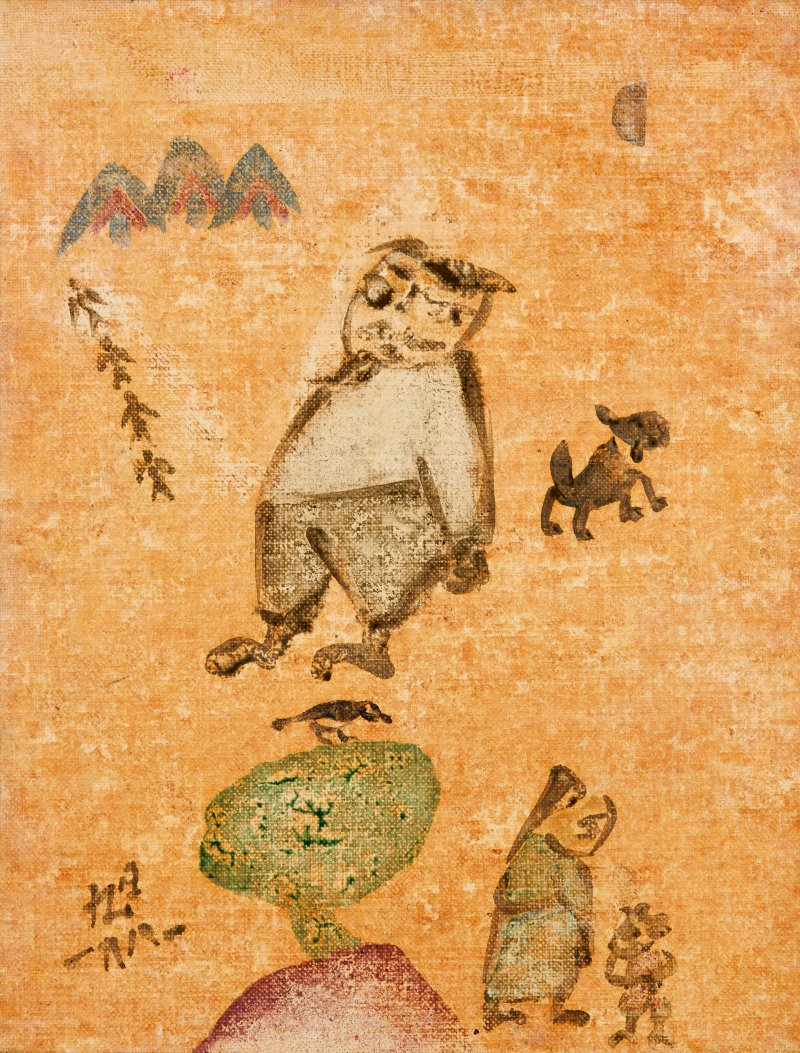 [서울=뉴시스] 박진희 기자 = '가족'(1981) 작품에서 화가의 모습은 발밑의 나무가 왜소해 보일 만큼 거대한 크기로 화면의 중앙을 차지하고 있다. 뒷짐을 진 채 아래에 있는 화가의 부인을 곁눈질하는 표정이 다소 익살스럽다. 나무의 크기를 압도할 정도로 화가의 모습이 크게 그려진 모습은 이 작품 외에는 찾기 어렵다. 이에 대해 화가의 부인은 ‘이 무렵부터 화가가 조금씩 당당해졌다.’고 회상했고, 장욱진 스스로도 ‘덕소 시절까지 진 빚을 수안보에서 처음 갚았다.’고 술회한 적이 있다. 가족에 대한 미안함을 잊고 당당해진 화가의 모