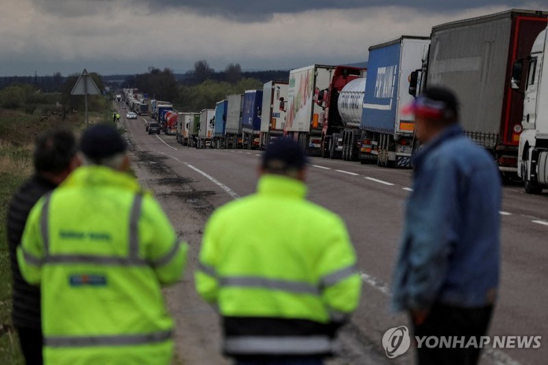 폴란드 국경서 검역 기다리는 우크라이나 농산물 트럭 FILE PHOTO: Trucks wait for crossing the Ukraine-Poland border, as Russia's attack on Ukraine continues, at the checkpoint Rava-Ruska, Lviv region, Ukraine April 17, 2023. REUTERS/Roman Baluk/File Photo