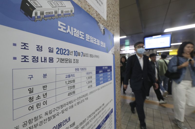 [서울=뉴시스] 김근수 기자 = 4일 오전 서울 중구의 한 지하철역사 내에 도시철도 운임조정 안내문이 붙어 있다. 서울교통공사는 서울 등 수도권에서 운행하는 지하철 기본요금을 오는 7일부터 1250원에서 1400원으로 인상한다고 밝혔다. 2023.10.04. ks@newsis.com