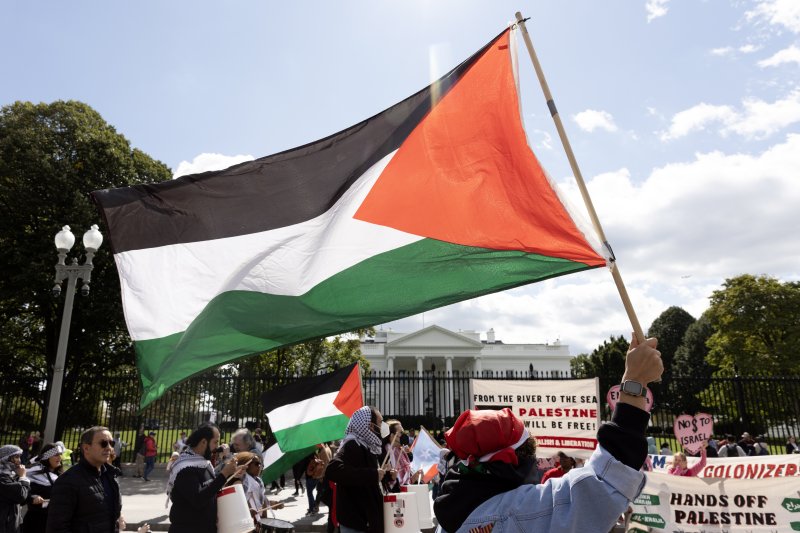 지난달 8일(현지시간) 미국 워싱턴DC 백악관에서 팔레스타인을 지지하는 시위대가 팔레스타인 국기와 함께 행진하고 있다.EPA연합뉴스