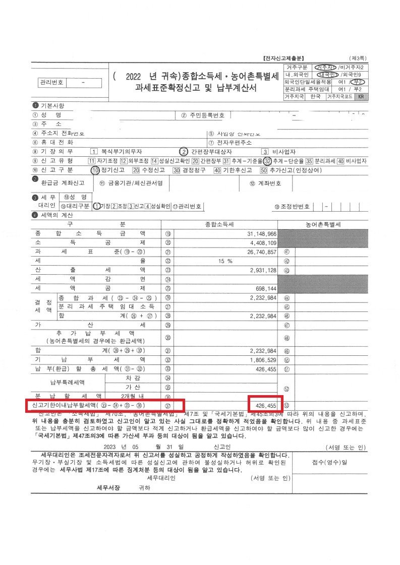 모두채움 안내문의 ‘납부할 세액’이 실제 납부세액과 달랐던 A씨 사례, A씨가 세무사를 통해 낸 고지서에는 모두채움 서비스 안내문보다 적은 금액을 내도록 돼 있다. (김주영 의원실 제공) / 뉴스1